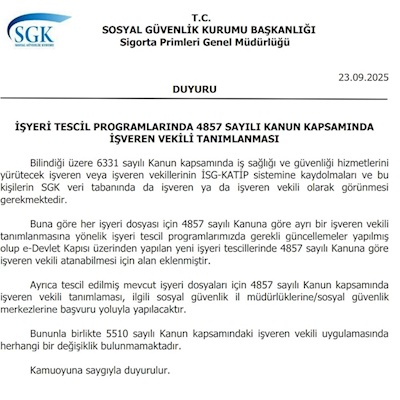"İşveren Vekili" Tanımlanması Hakkında Düzenleme 29.09.2025